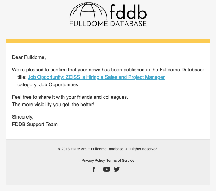 Notification system on the Fulldome Database